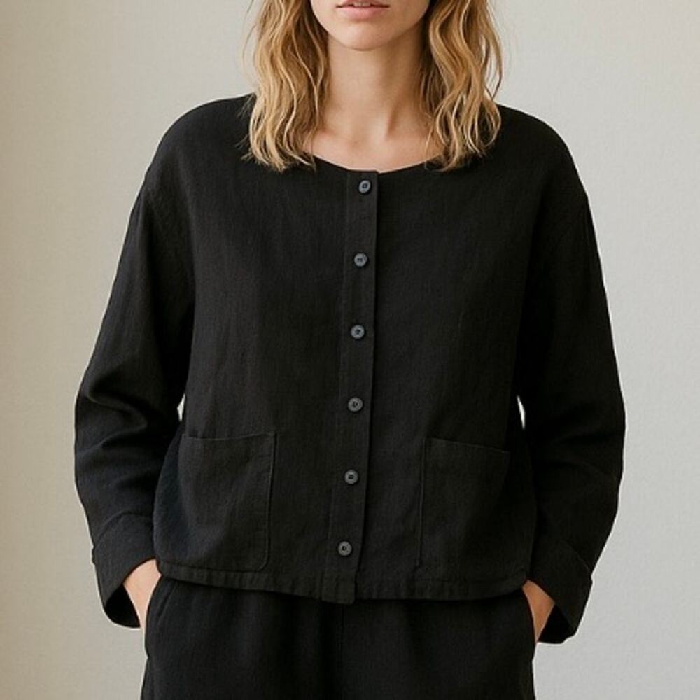 Porto San Francisco Black Button Down Top Front Boho Lagenlook Minimalist